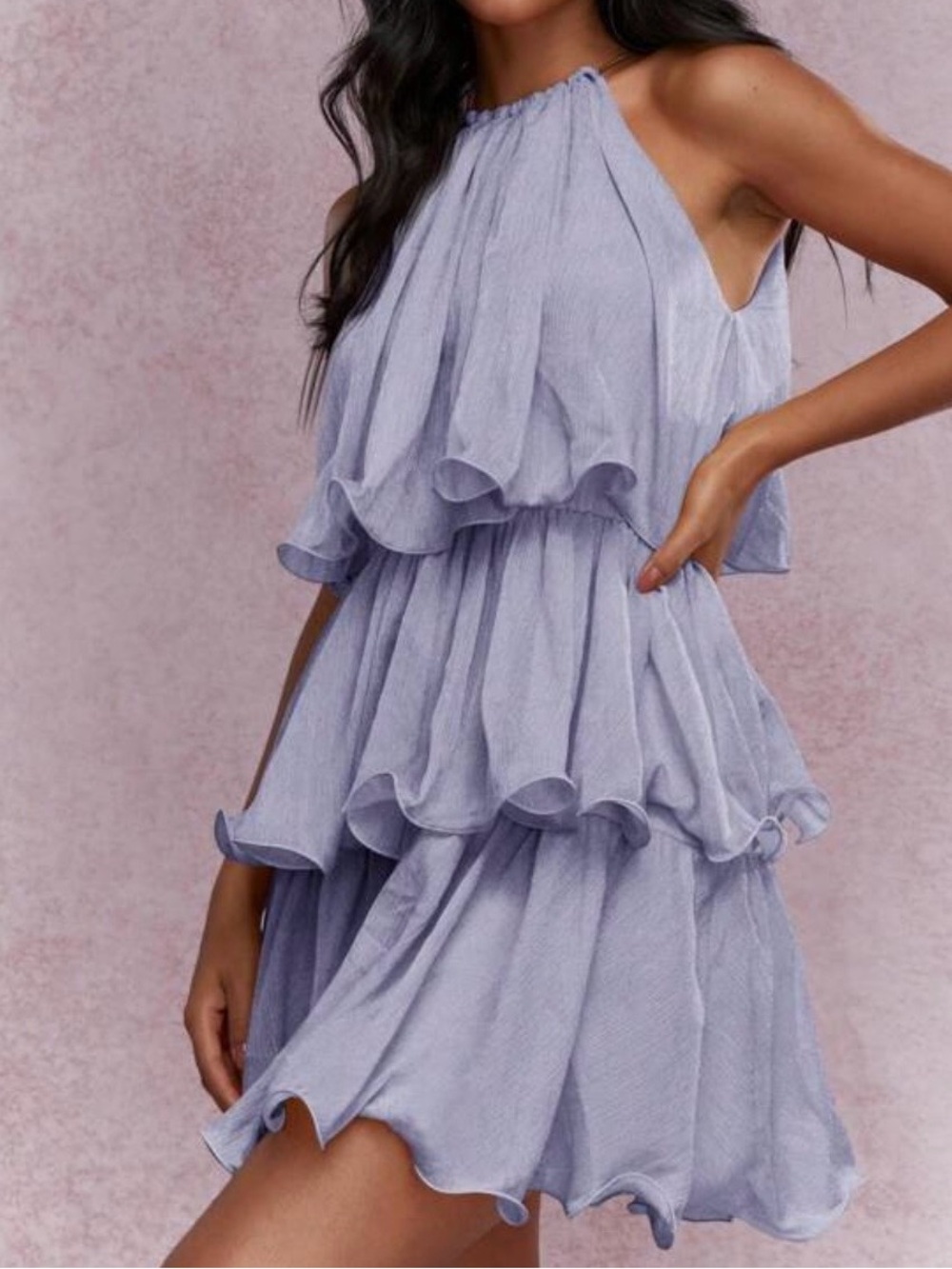 SHEIN Blue Tiered Halter Mini Dress Ruffle Flowy Vacation Open Back Size XS